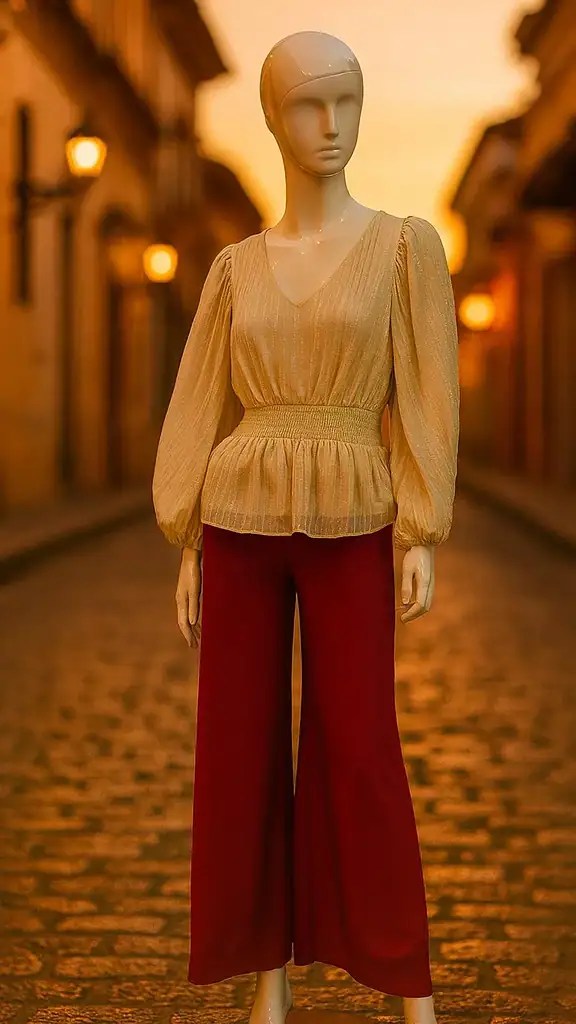Outfit con palazzo rojo vino y blusa beige de manga larga, combinación versátil entre fuerza y suavidad.