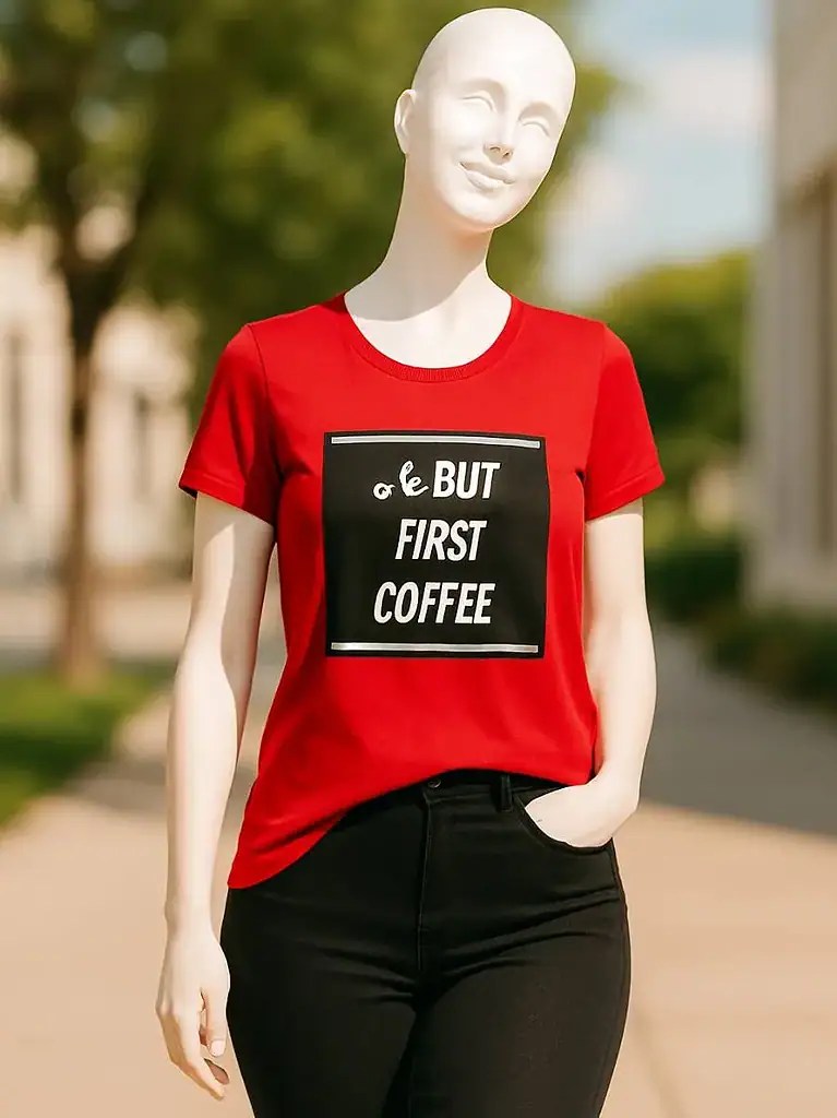 T-shirt roja con detalle en negro y jeans que muestran cómo el negro resalta acompañado