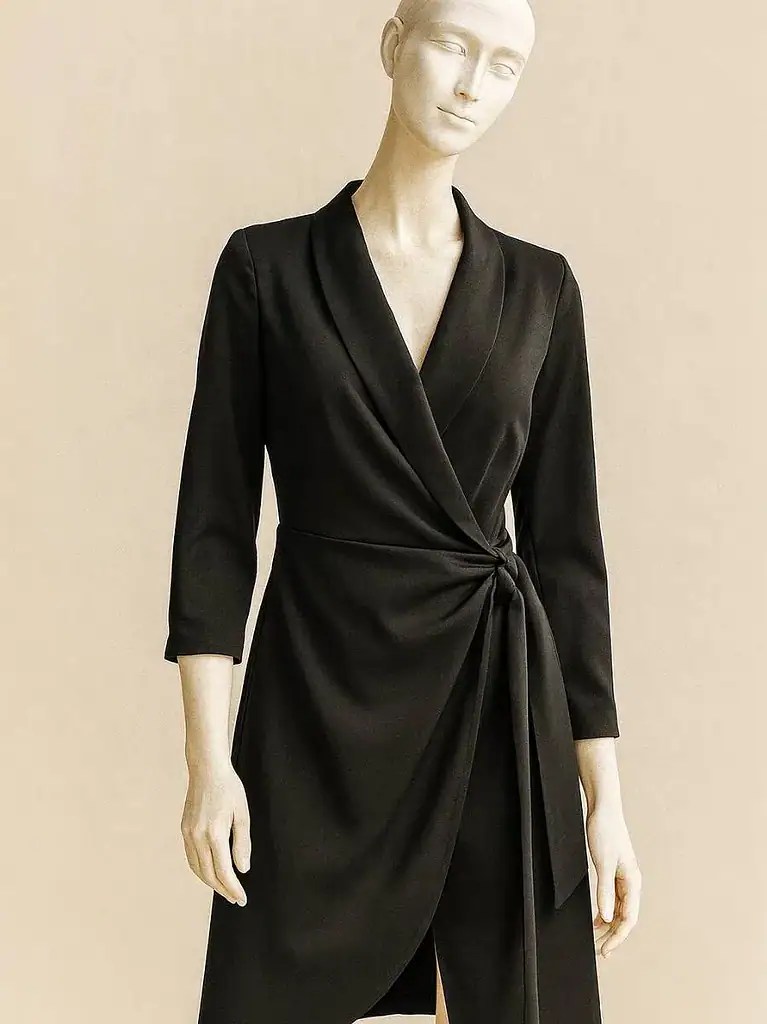 “Vestido negro cruzado elegante que desafía la idea de que el negro siempre empodera.”