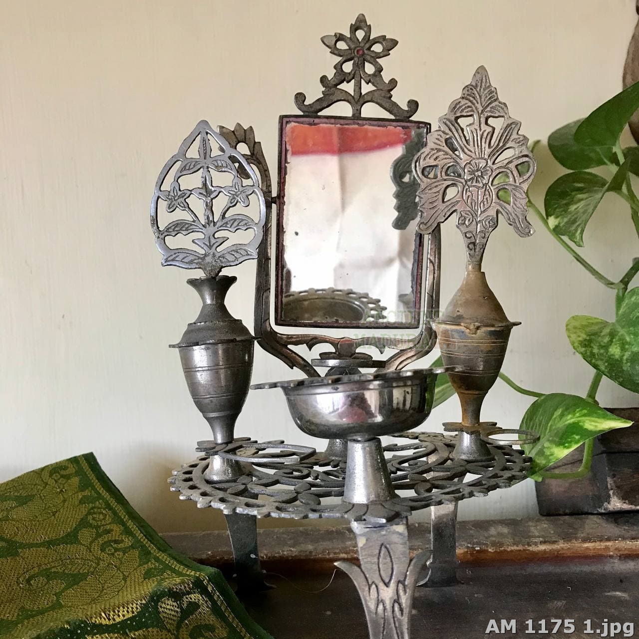 White brass mirror with kohl containers and Kumkum container Ancient