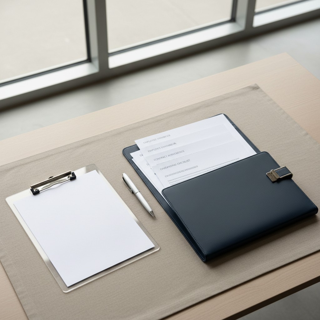 A desk with office items on it in front of a window, including a clipboard, an envelope or a notebook with forms in it, an...