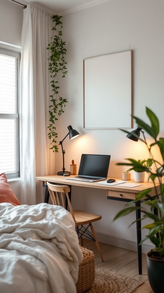A cozy bedroom featuring a foldable desk next to a bed, showcasing a blend of work and relaxation.