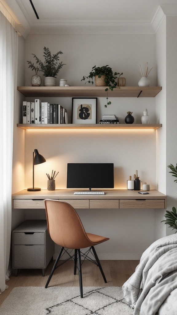 Floating shelves above a workstation with a computer and stylish decor in a cozy room