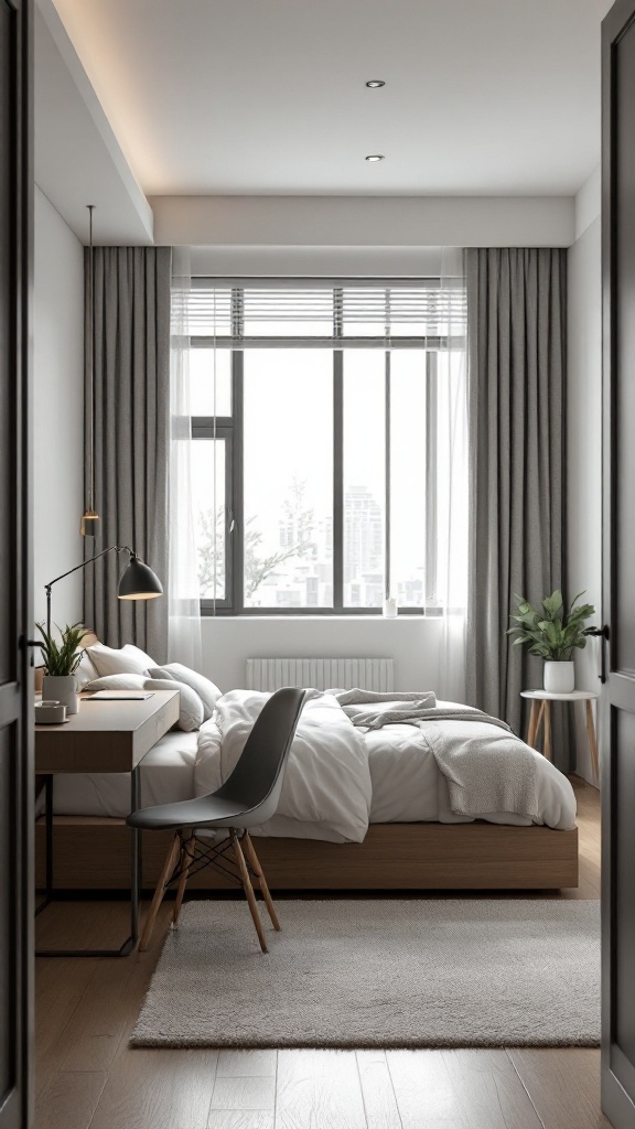 A minimalist bedroom with a bed, desk, and chair, featuring neutral colors and natural light.