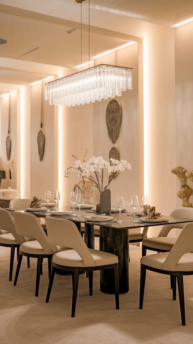 A modern dining room with a stylish chandelier, elegantly set table, and neutral decor