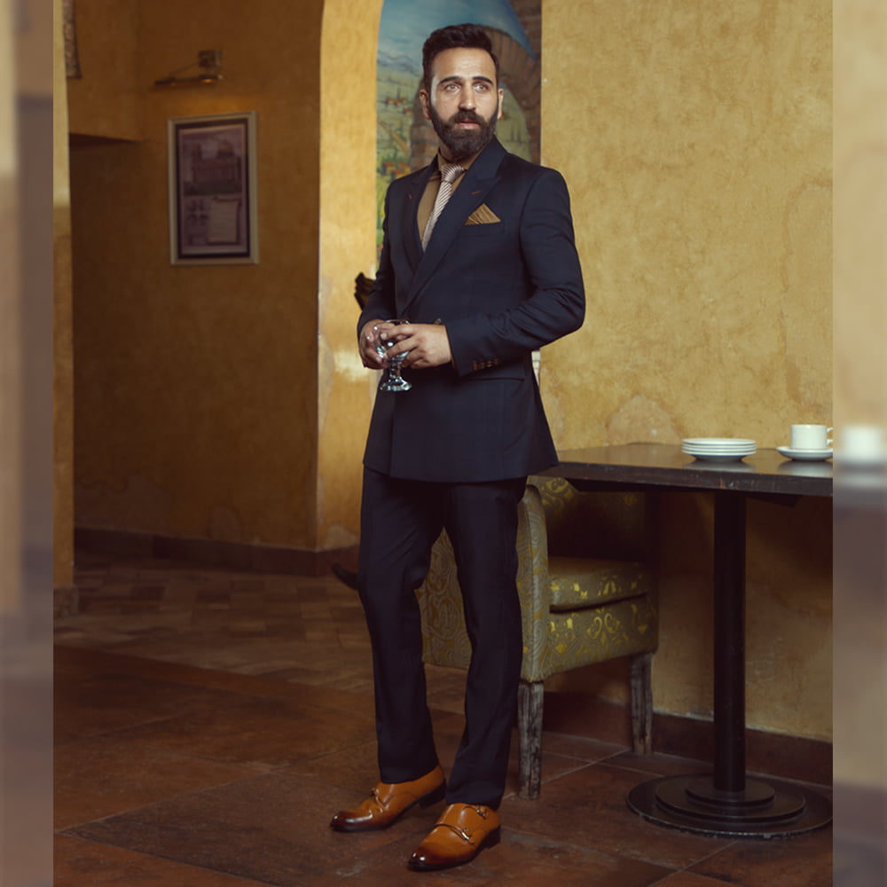 navy blue double breasted suit