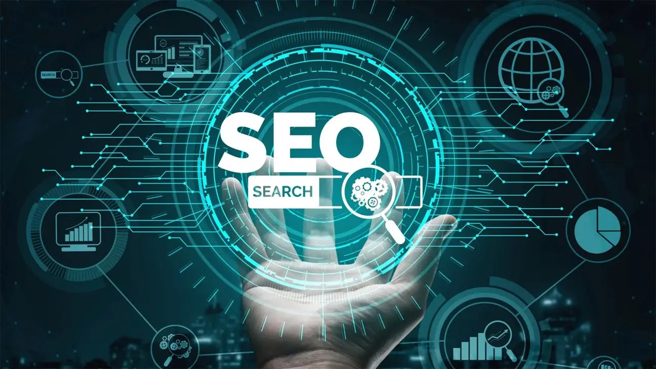Futuristic hand with digital SEO graphics — smart website development and AI-based web optimization
