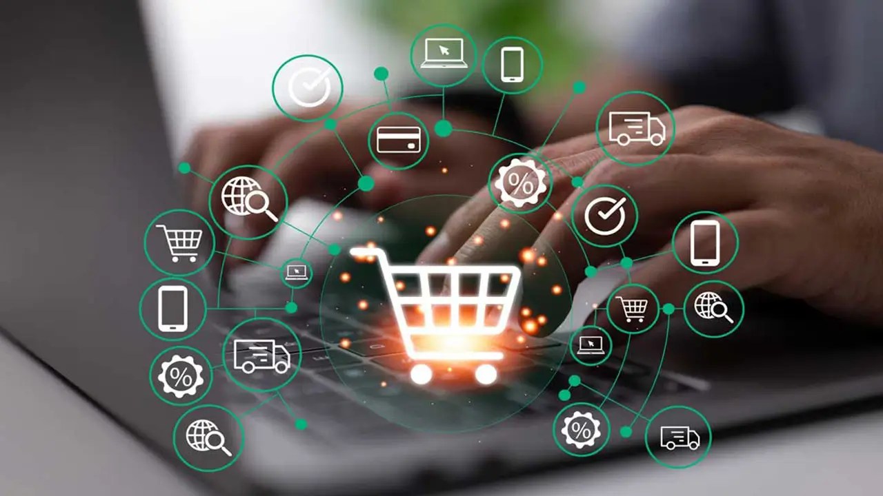 Online shopping concept with a glowing shopping cart and interconnected digital services.