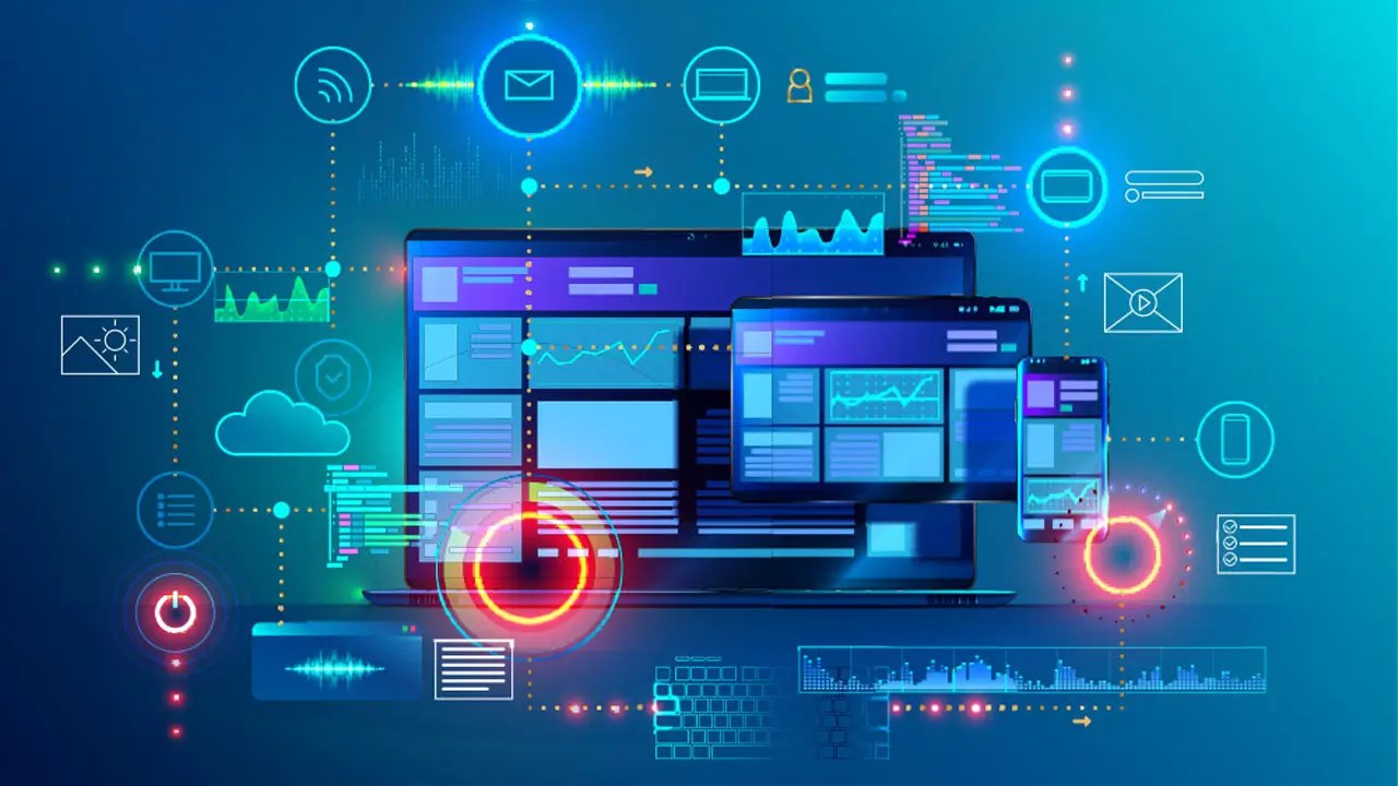 Responsive website layout displayed across multiple devices with digital UI elements and data visualizations.