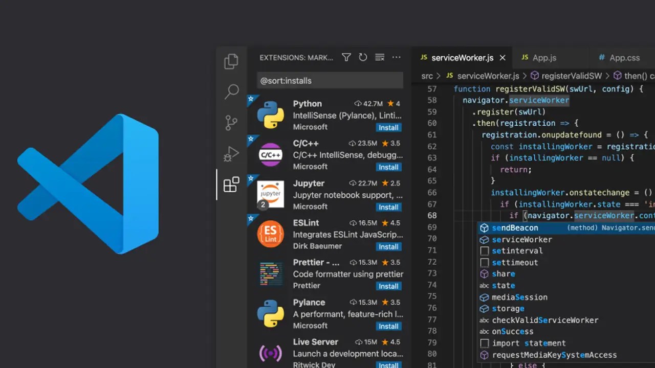 Visual Studio Code interface with popular extensions and JavaScript code – Web Development Tools in action