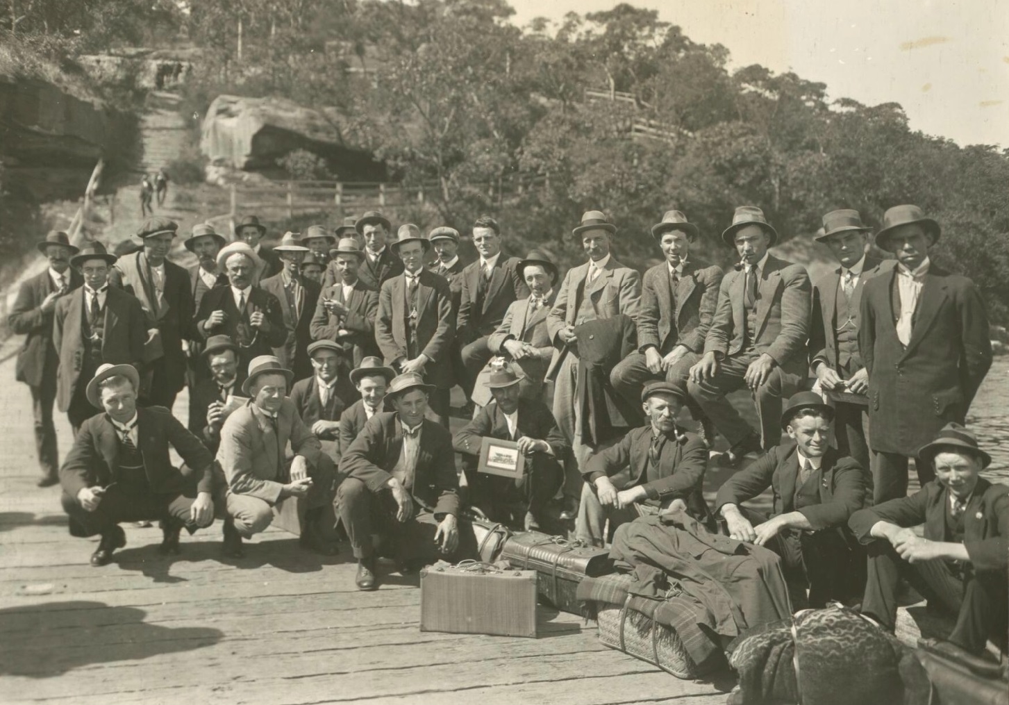 Strike breakers from rural NSW photographed near their Taronga Zoo camp, Sydney Harbour, taken from the essay 'Revisiting the Great Strike (1917)'. Source: State Library of NSW.