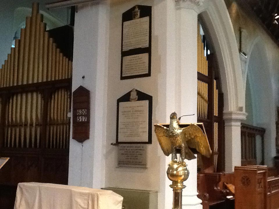 All Saints church, Edmonton, north London, The present-day organ seen past the north side of the chancel arch.
