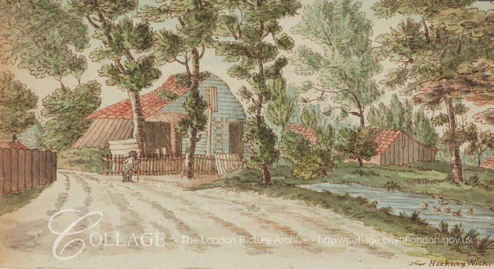 View of farm buildings near a stream in Hackney Wick c1795