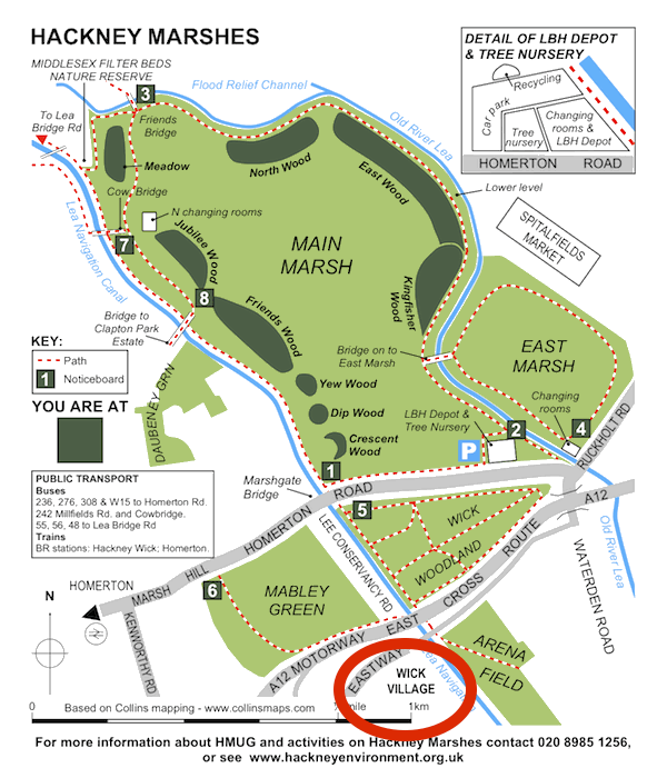 Map of Hackney Marsh, London, UK c2014