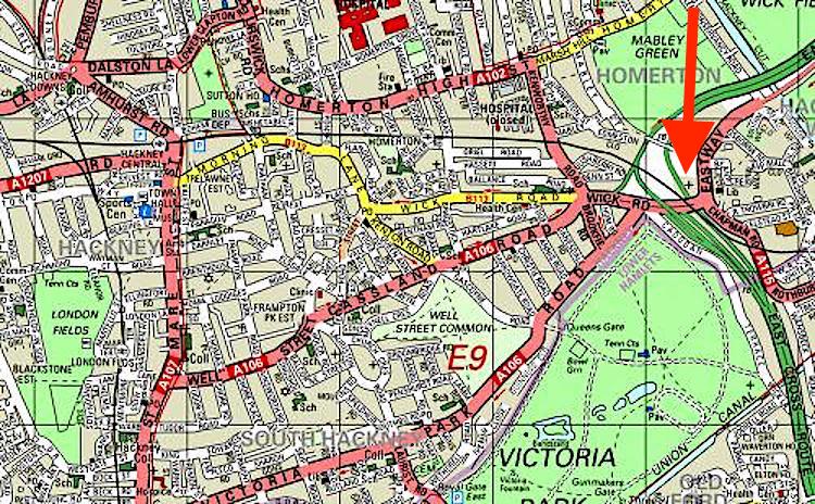 The location of St Mary-of-Eton church London E9, c.2000.