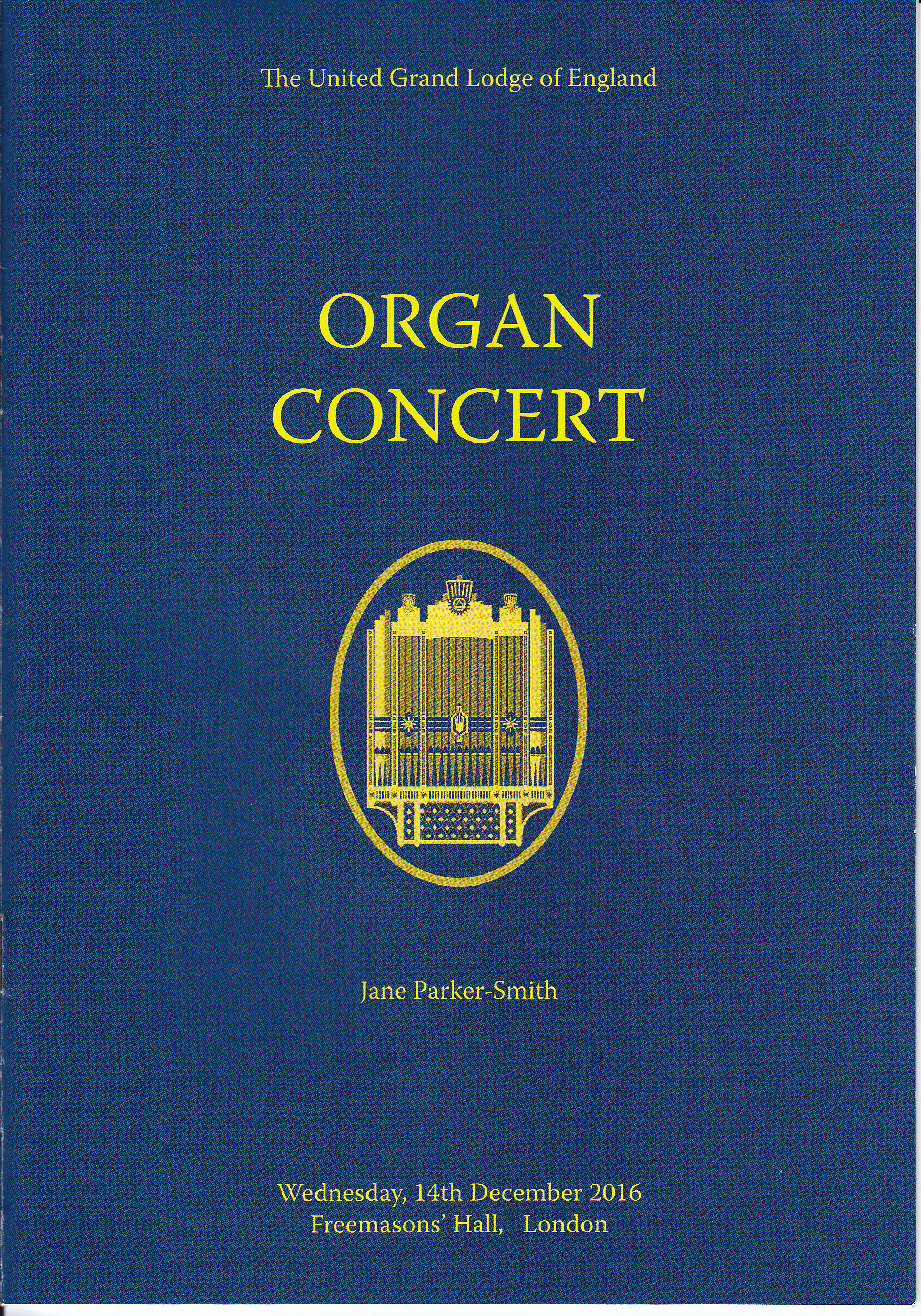 Jane Parker-Smith, organ recital in the Grand Temple at Freemasons Hall, London, 14 December 2016; programme cover.