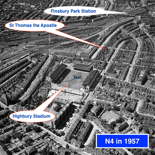Aerial view (1957) of the home of Arsenal Football Club from 1913 until 2006. Aerofilms Collection. Annotated.
