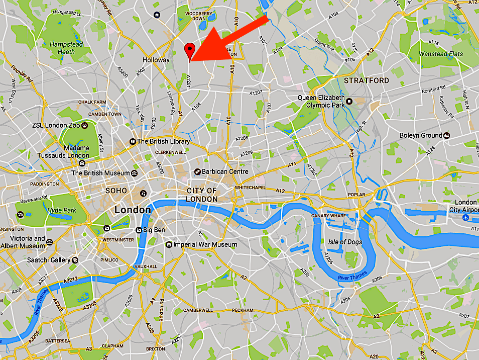 The location of St Joan of Arc church in Highbury, London