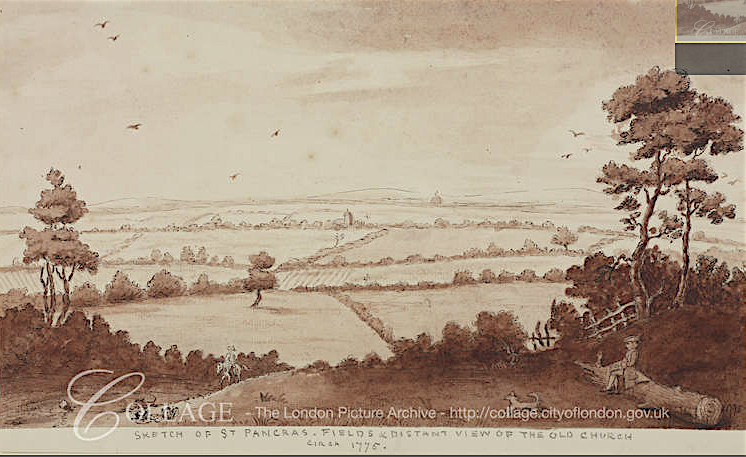 Anon (c.1775) 'Sketch of St Pancras fields and distant view of St Pancras Old Church.' Source: London Metropolitan Archive, ref. p5381780