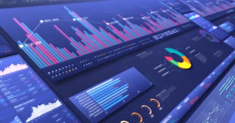 ContentMktingStrat_2 • Andrew Roche Digital dashboard displaying colorful bar charts, pie charts, and data visualizations on a dark blue interface.