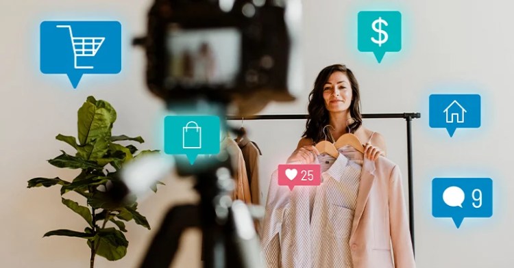 InfluenceMkting_1 • Andrew Roche Woman filming a clothing haul in front of a camera with digital icons showing social media engagement and shopping activity.