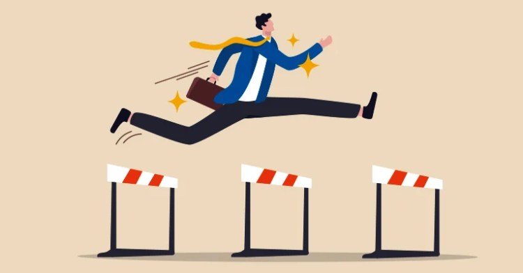 InfluenceMkting_5 • Andrew Roche Illustration of a confident businessman leaping over hurdles with a briefcase in hand.