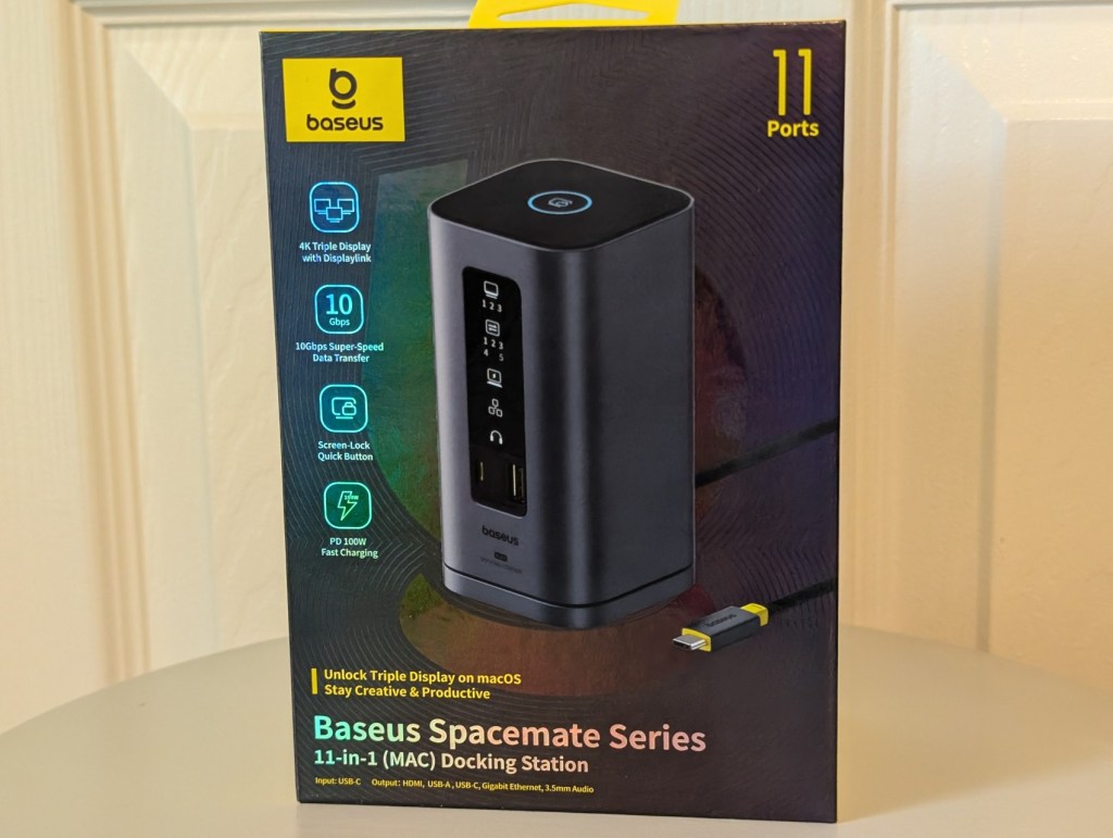 Baseus Spacemate 11-in-1 Docking Station for Mac packaging, featuring specifications and design details.