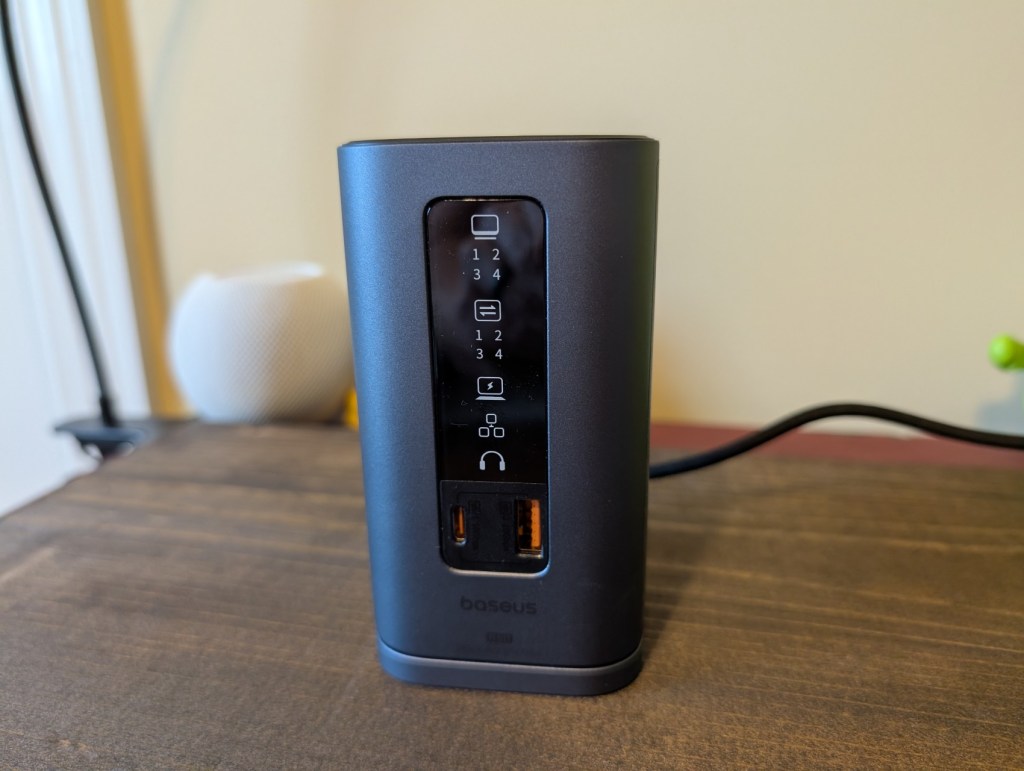 Close-up view of the Baseus Spacemate 11-in-1 Docking Station for Windows, showcasing the LED display and multiple ports.