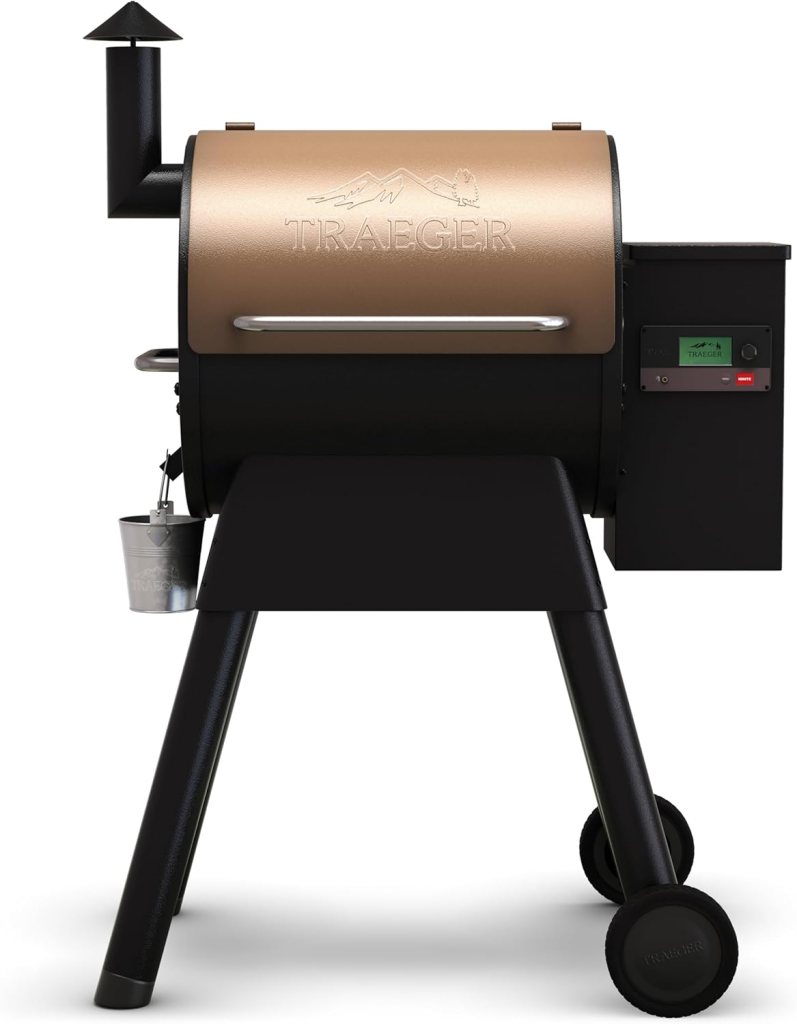 A Traeger pellet grill with a bronze finish, featuring a chimney, a control panel, and a side bucket for convenience.