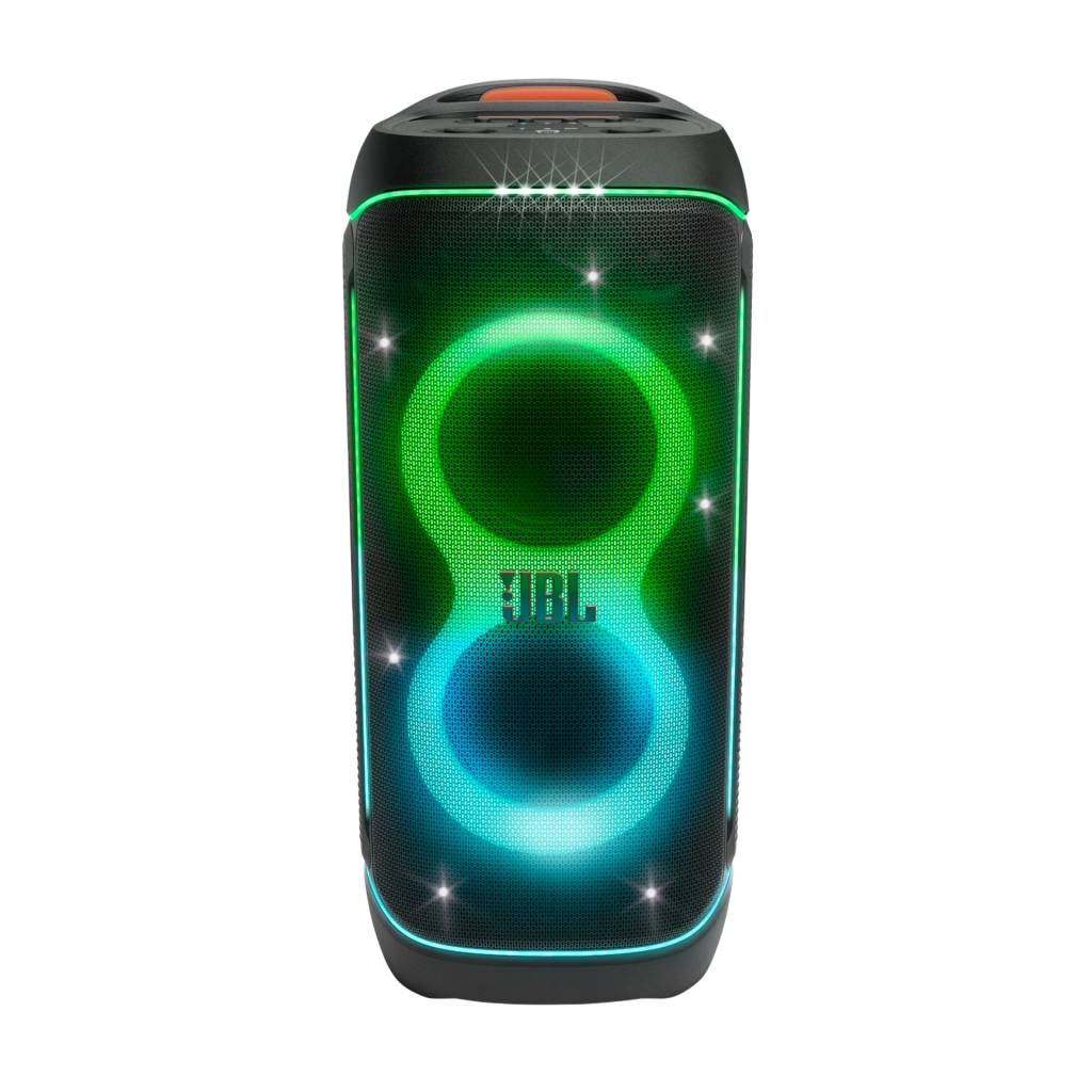 Front view of the JBL PartyBox 720 speaker, featuring bright LED lights in green and blue patterns, showcasing its vibrant party design.