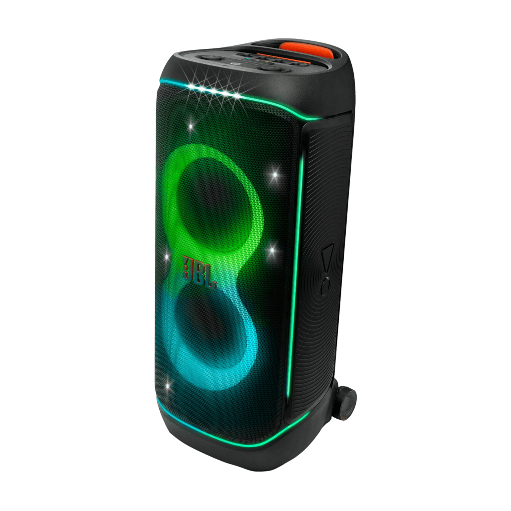 JBL PartyBox 720 portable speaker with glowing LED lights and wheels for mobility.