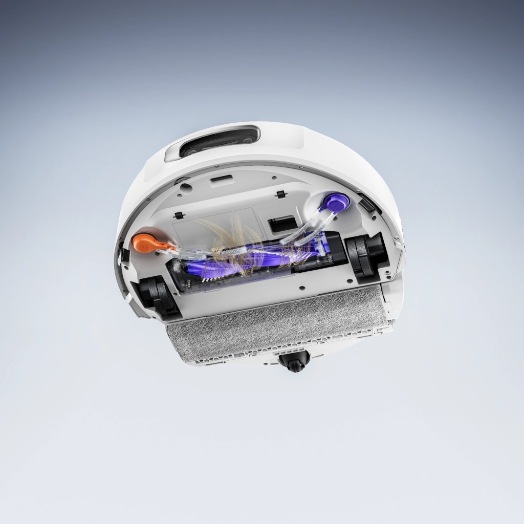 Underside view of the Narwal Flow robot vacuum, showcasing its advanced mopping system and cleaning components.