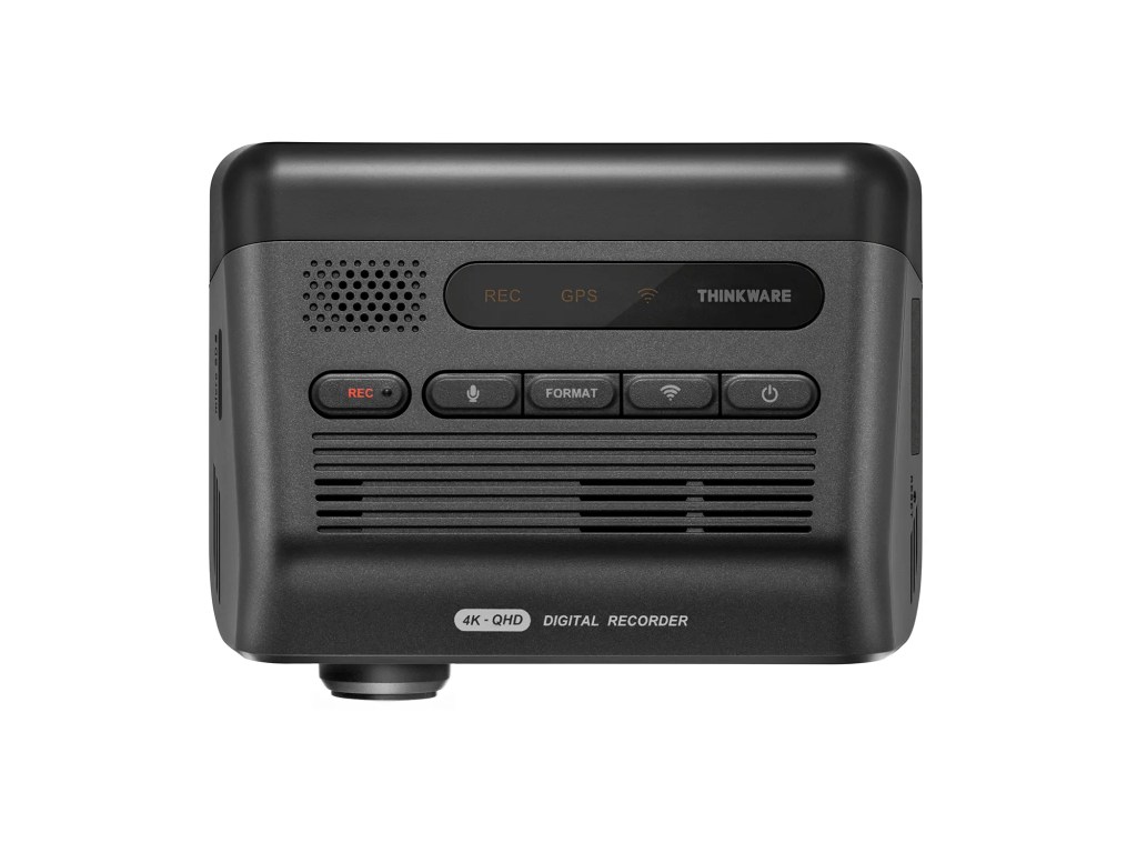Close-up view of the THINKWARE ARC700 dash cam, showcasing buttons for recording, GPS, and Wi-Fi, along with its sleek design.
