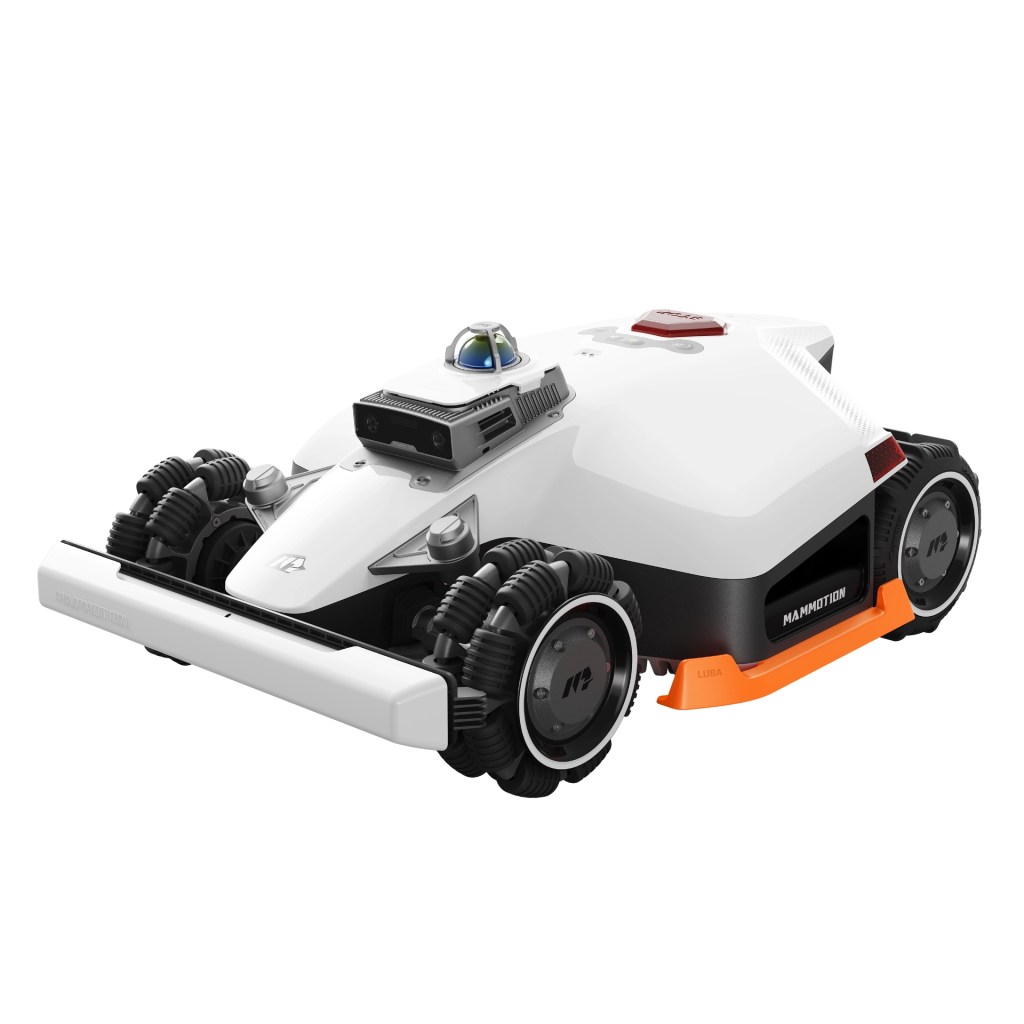 A sleek, advanced robotic mower from MAMMOTION, featuring an all-white design with a prominent front bumper and four rugged wheels, one equipped with a sensor on top for navigation technology.