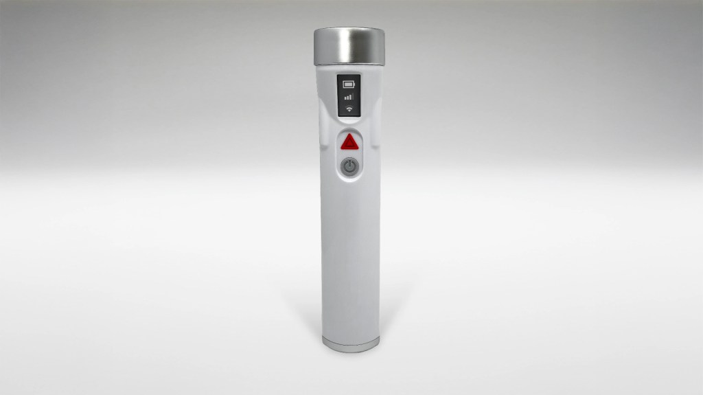 A handheld safety device resembling a flashlight, featuring a digital display, an SOS button, and a sleek white design.