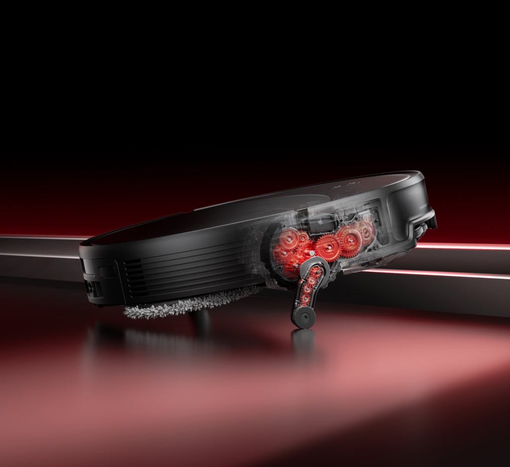 Close-up view of the Roborock Saros 20 robotic vacuum showcasing its internal mechanism and innovative chassis design against a dark background.