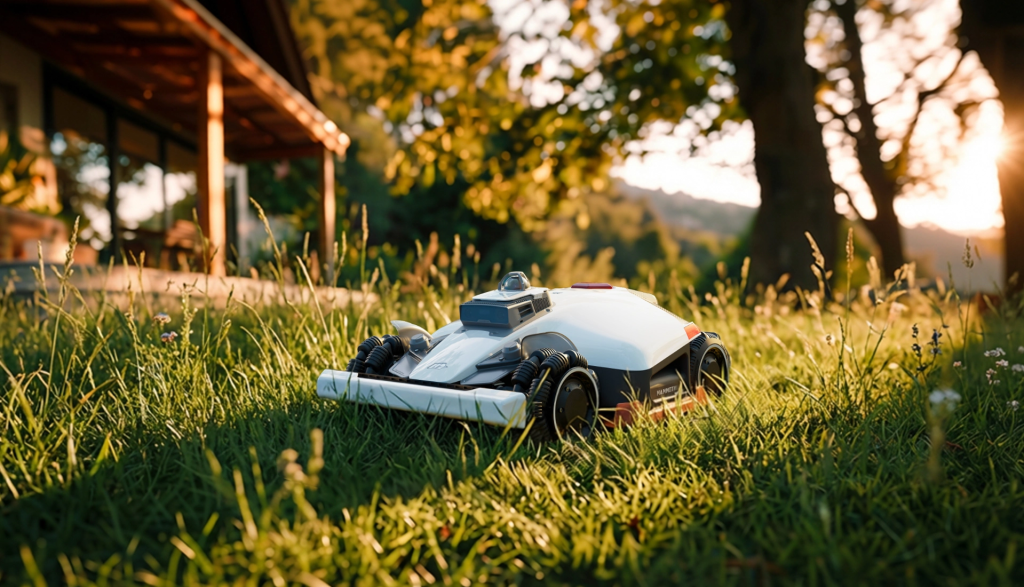 A robotic lawn mower positioned on green grass in a backyard setting, with a house and trees in the background under natural lighting.