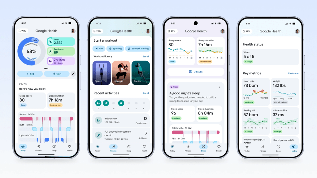 Screenshot of the Google Health app displaying sleep and fitness data, including sleep scores, workout options, health status, and key metrics such as heart rate and blood pressure.