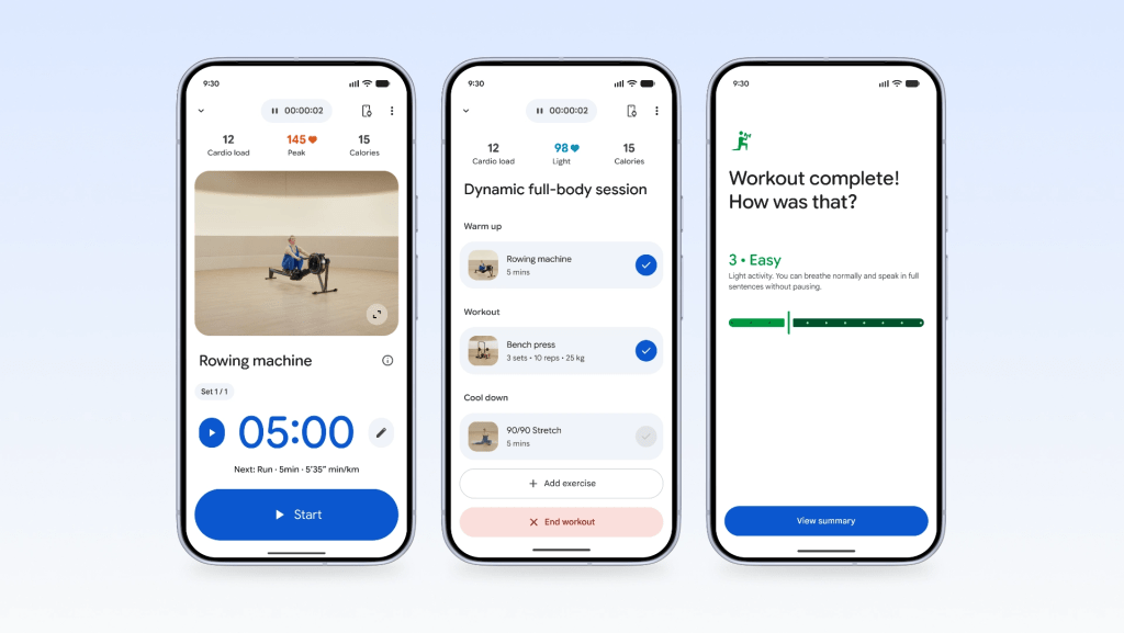 Three smartphone screens displaying a workout app: the first screen shows a rowing machine with workout details, the second screen lists a dynamic full-body session with warm-up, workout, and cool-down exercises, and the third screen indicates workout completion with a satisfaction rating.