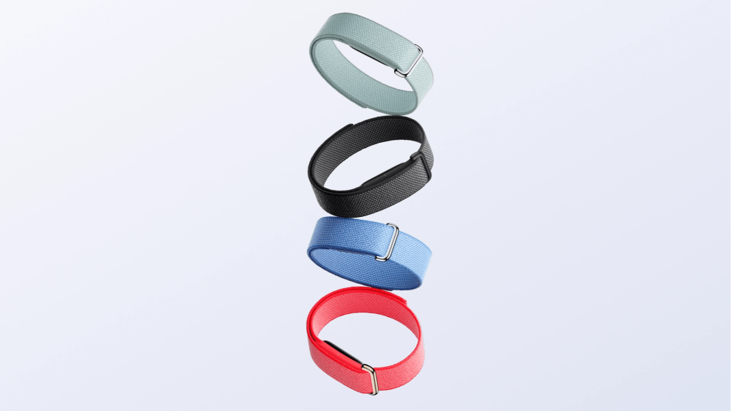 Four colorful bands arranged vertically, featuring a mint green, black, light blue, and red band, each secured with a silver buckle.
