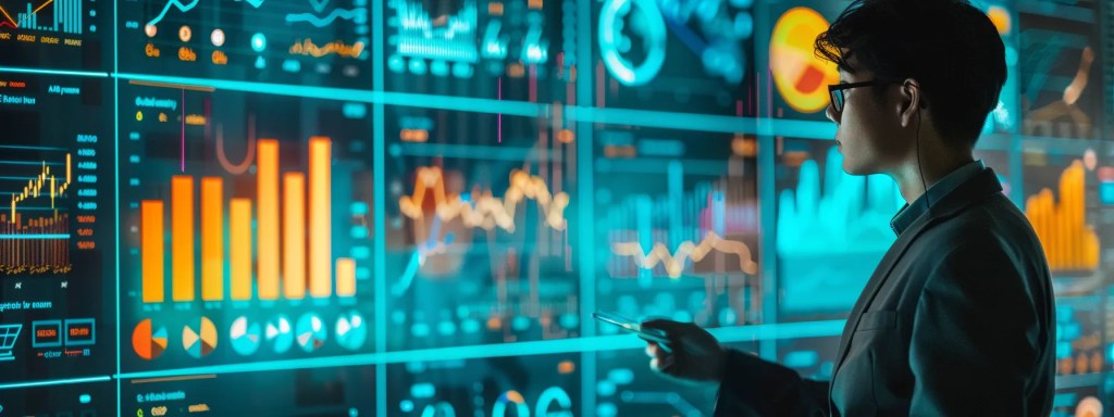 A professional analyzing data on a digital screen filled with colorful graphs and charts.