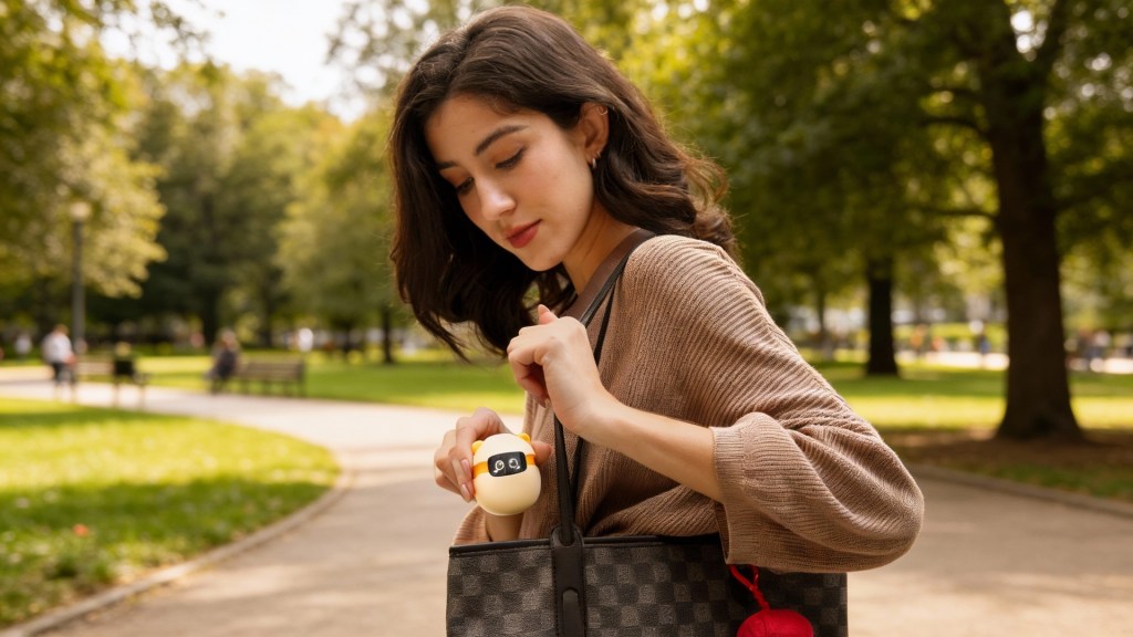 A young woman looking into her handbag in a park, holding a small device with a playful design.