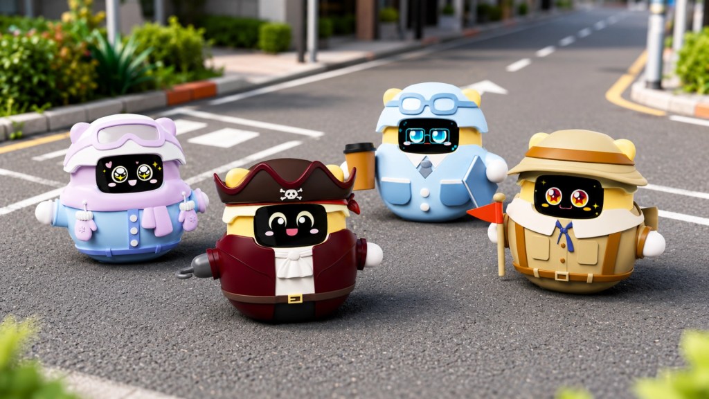 Four cute, cartoonish robot characters in various outfits, including a pirate, a snow outfit, and an explorer, standing on a city street.