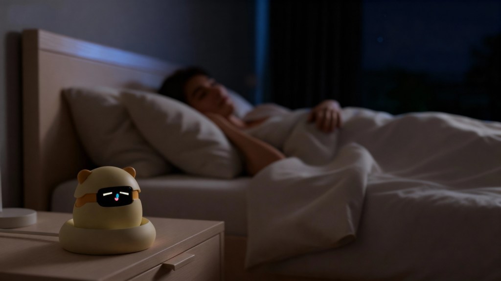 A cute, cartoonish sleeping companion figure sits on a bedside table, while a person is sleeping in bed, surrounded by white bedding in a dimly lit room.