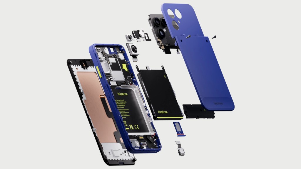 Exploded view of a smartphone, showcasing internal components such as the battery, camera modules, and circuitry with a blue casing.