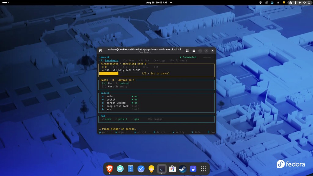 A computer screen displaying a terminal interface with fingerprint enrollment options and configuration settings for a device, set against a blue background.