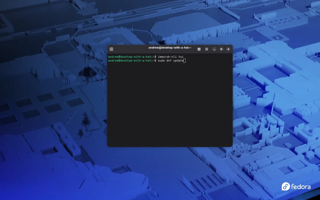 A terminal window displaying commands for updating software on a Fedora desktop environment, with a 3D blue background of abstract city-like structures.