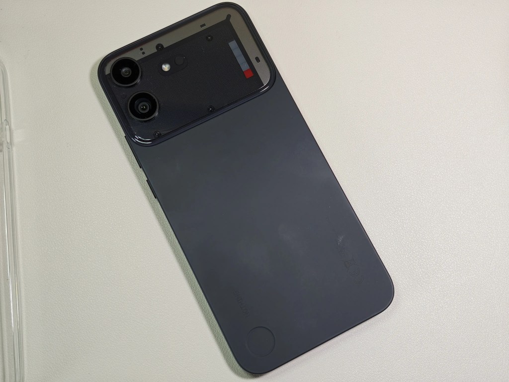 Back view of a smartphone showing dual camera setup and a matte finish.