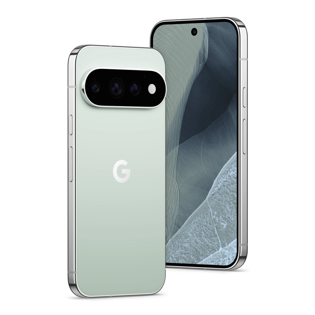 A front and back view of a modern smartphone with a light green color and a camera module featuring multiple lenses.