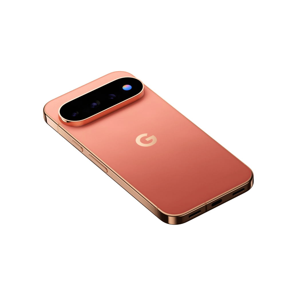 A copper-colored smartphone featuring a rear camera module with multiple lenses and a prominent logo.